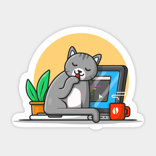 Cute Cat With Laptop Cartoon Vector Icon Illustration. Animal Technology Icon Concept Isolated Premium Vector Sticker